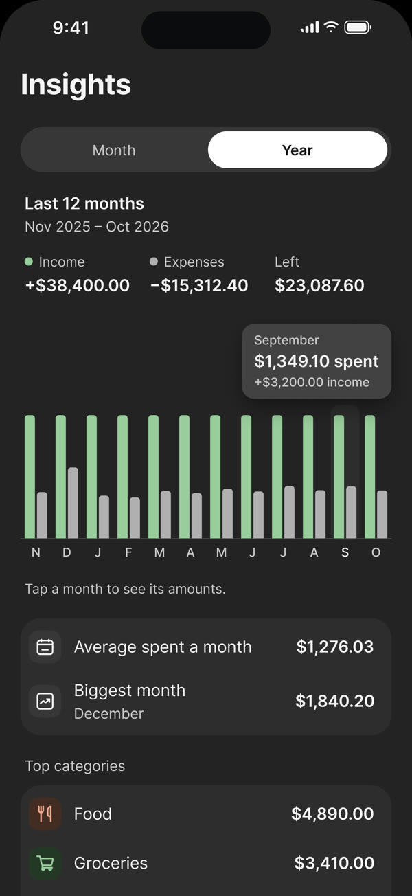 Twelve-month income and spending chart